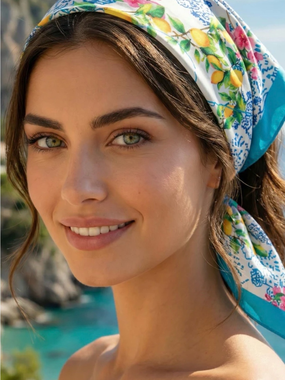 Antica Sartoria Floral Lemon Print Turquoise Headscarf